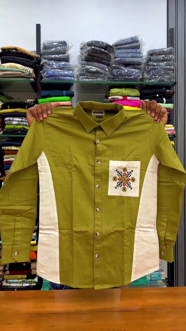 Modern Edge: Olive Green Full-Sleeve Casual Shirt with White Side Panels & Embroidered Pocket