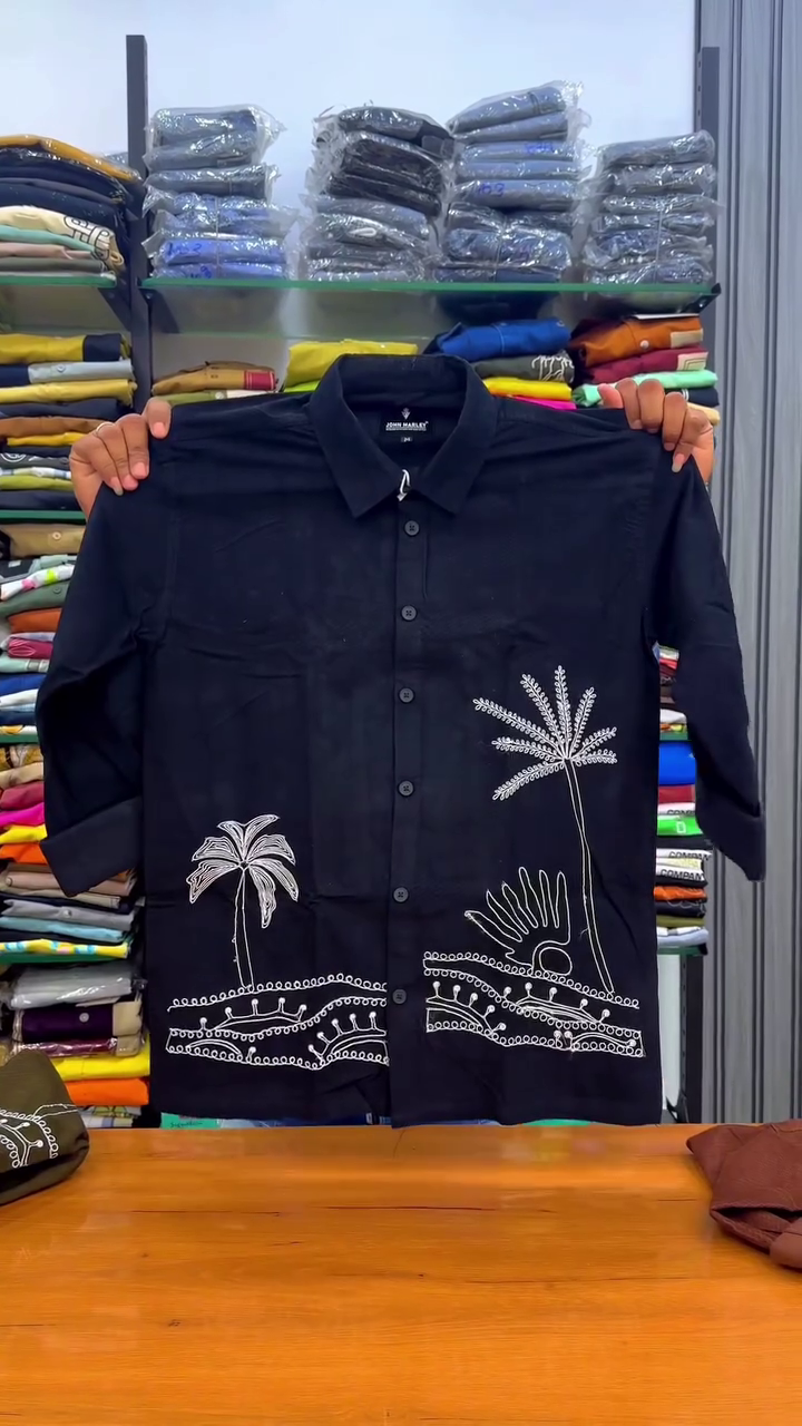 Tropical Vibes: Brown Casual Shirt with White Embroidered Palm Tree & Sun Motifs