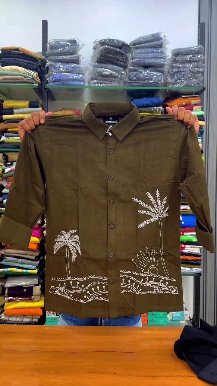 Tropical Vibes: Brown Casual Shirt with White Embroidered Palm Tree & Sun Motifs