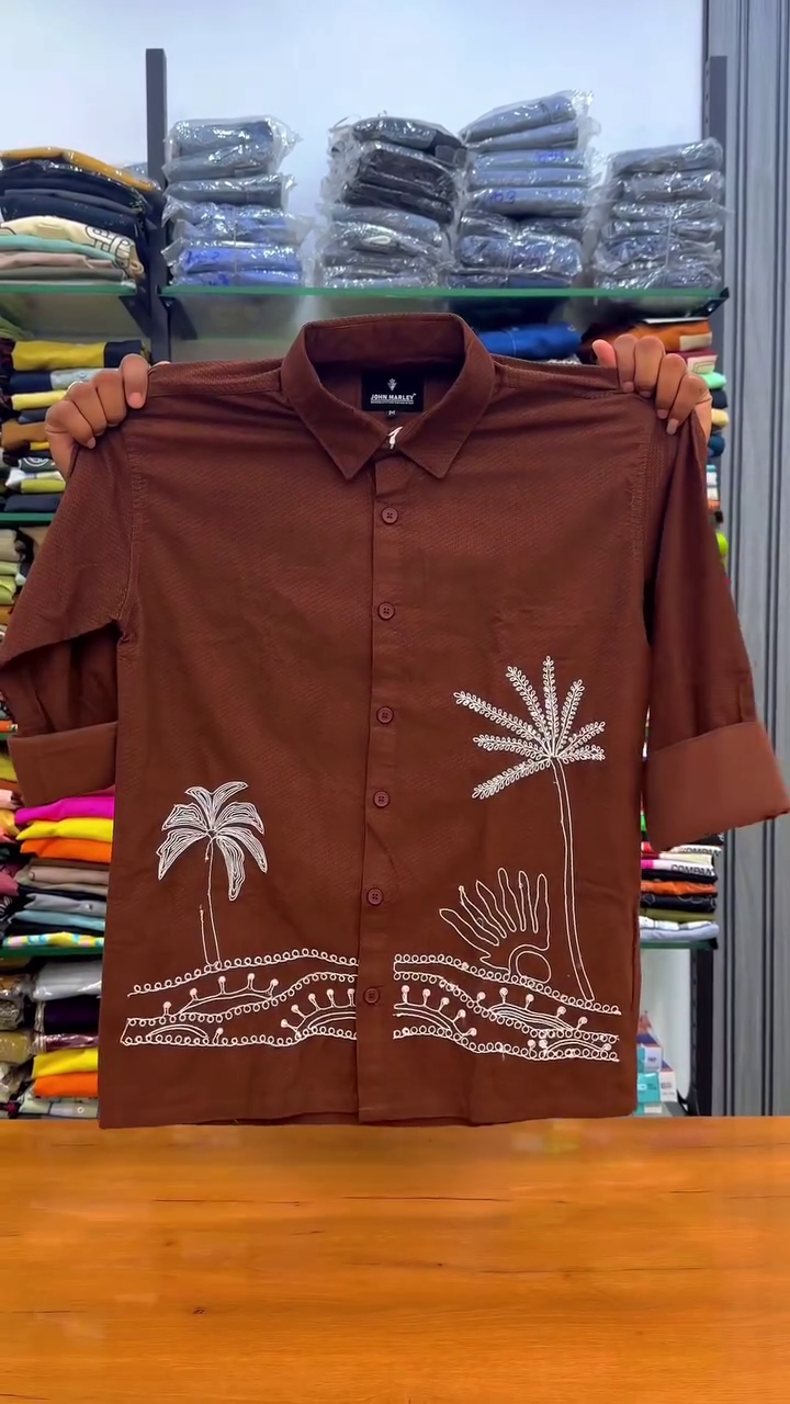 Tropical Vibes: Brown Casual Shirt with White Embroidered Palm Tree & Sun Motifs