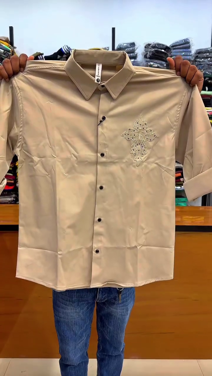 Classic Meets Contemporary: Brown Long-Sleeved Button-Down Shirt with Embroidered Chest Patch