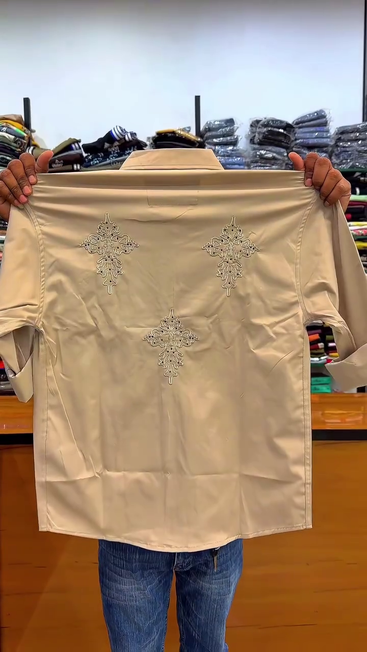 Classic Meets Contemporary: Brown Long-Sleeved Button-Down Shirt with Embroidered Chest Patch