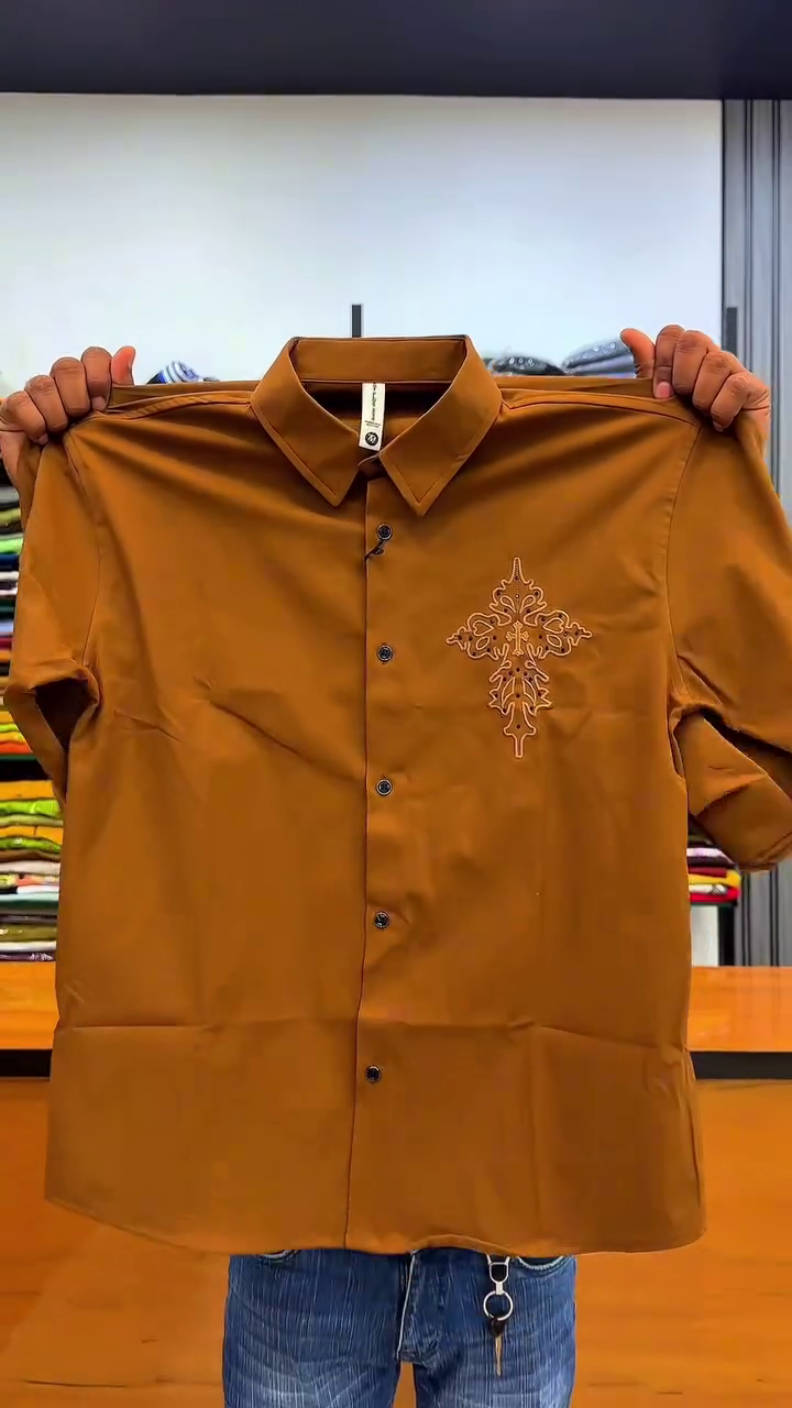 Classic Meets Contemporary: Brown Long-Sleeved Button-Down Shirt with Embroidered Chest Patch