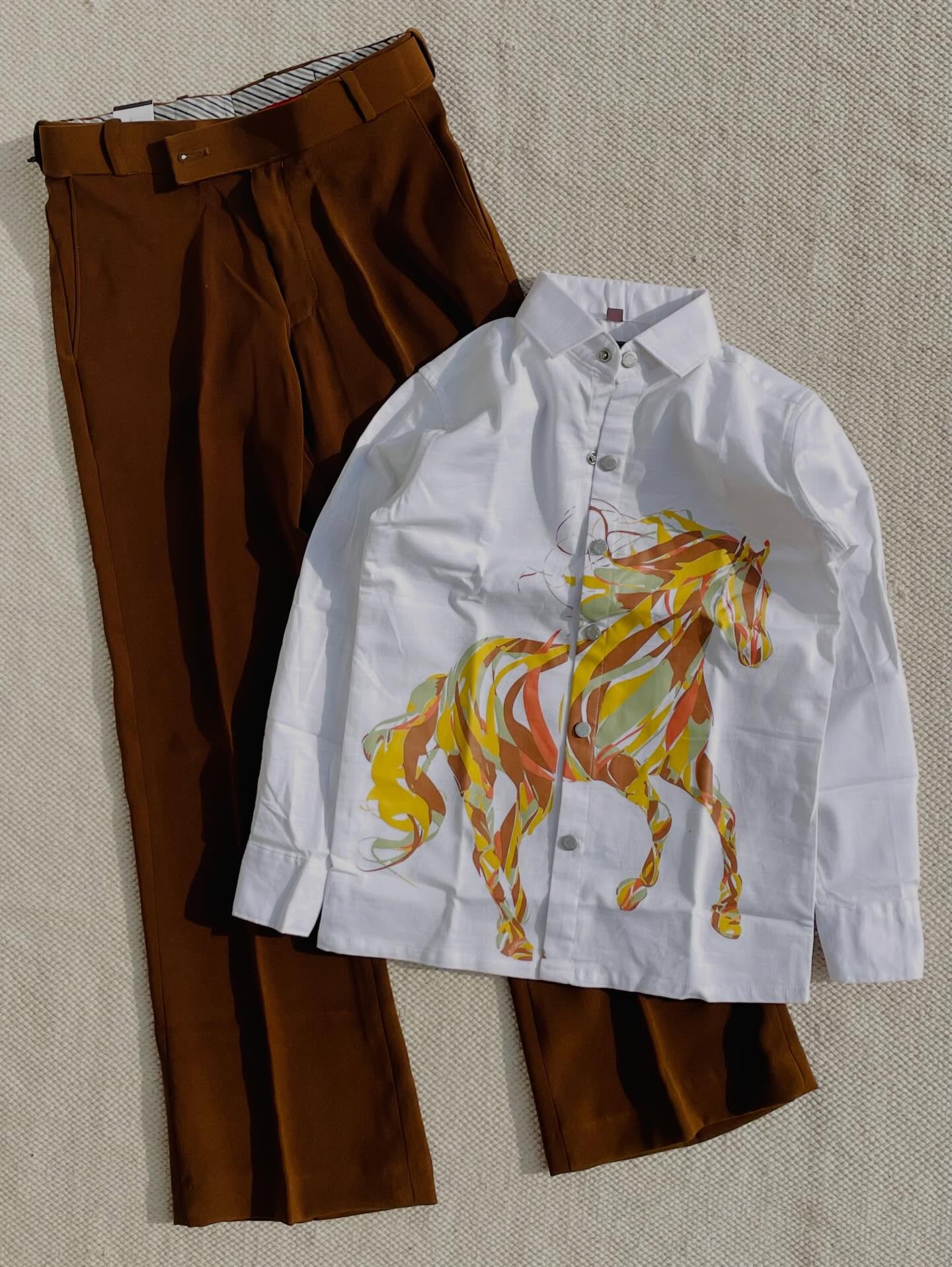 Bold & Stylish: Men’s Black Casual Shirt with Designer Horse Graphic & White Trousers