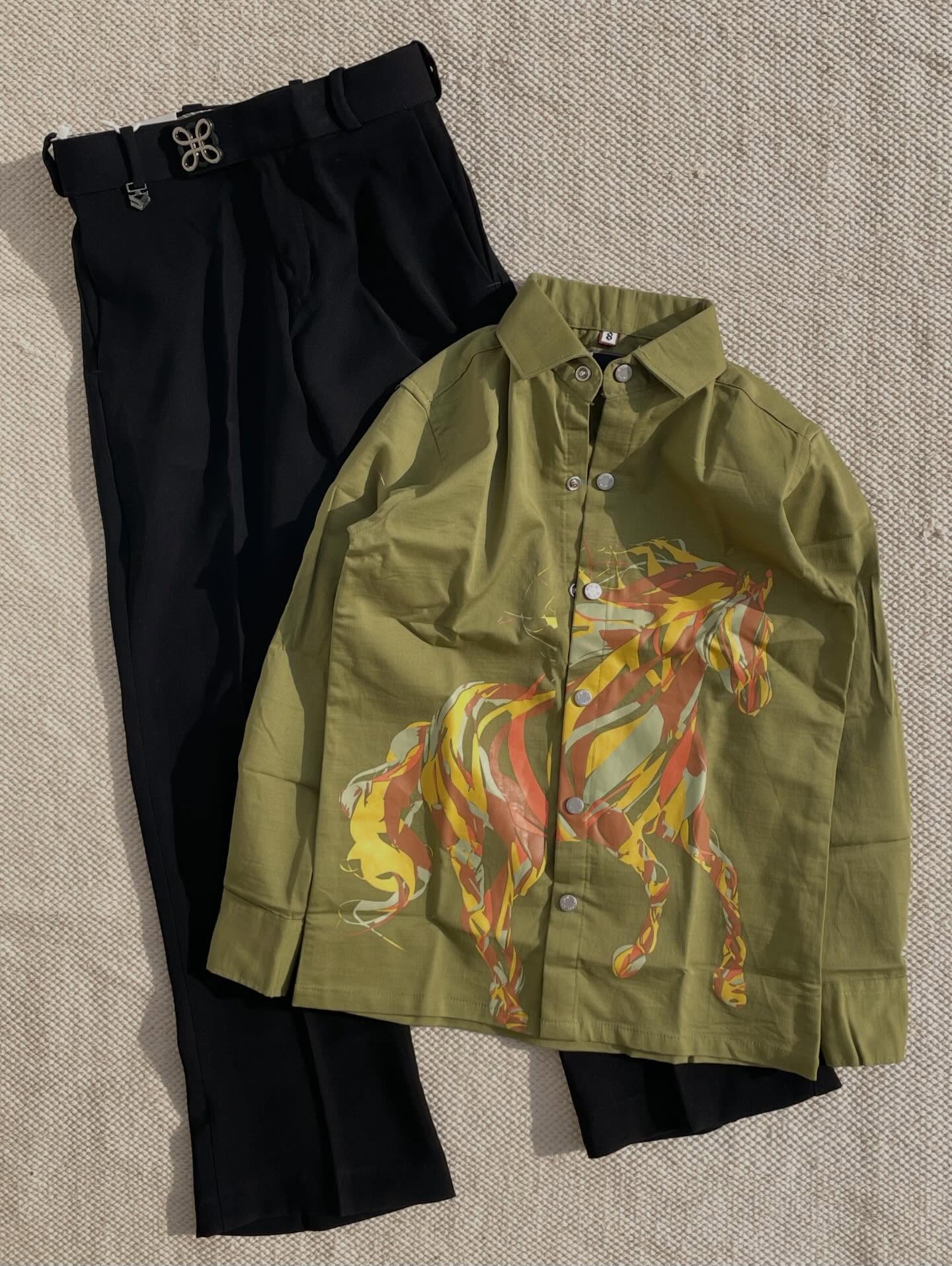 Bold & Stylish: Men’s Black Casual Shirt with Designer Horse Graphic & White Trousers