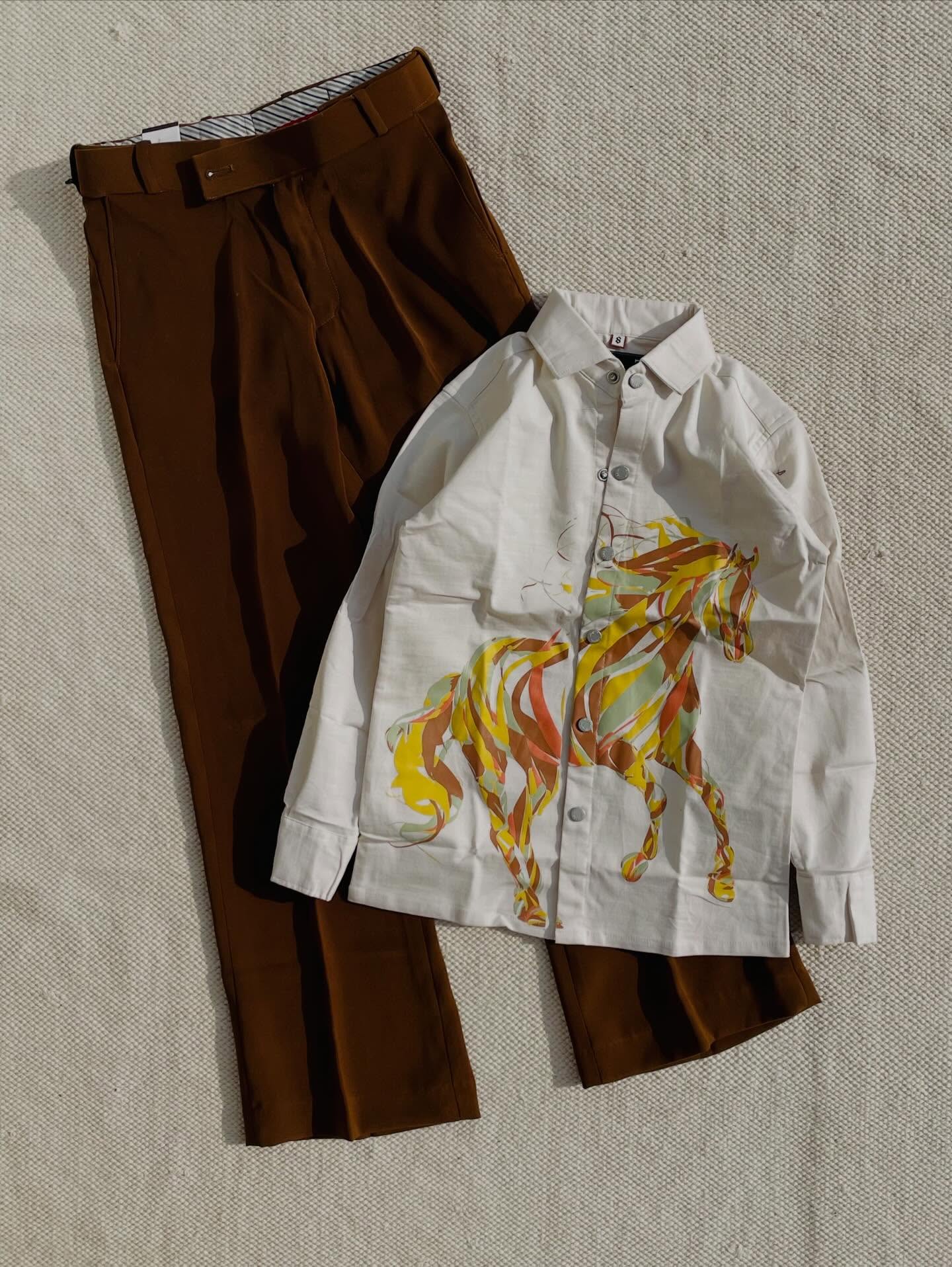 Bold & Stylish: Men’s Black Casual Shirt with Designer Horse Graphic & White Trousers