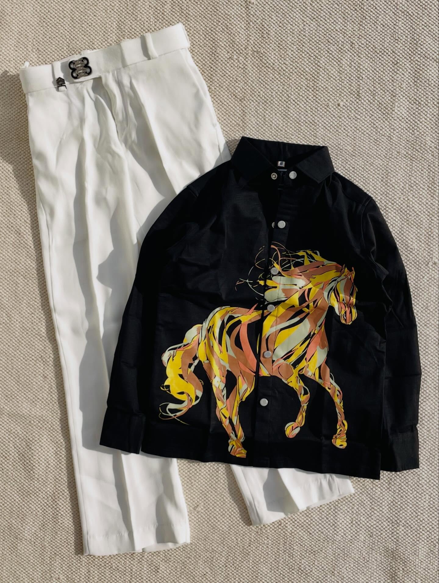 Bold & Stylish: Men’s Black Casual Shirt with Designer Horse Graphic & White Trousers