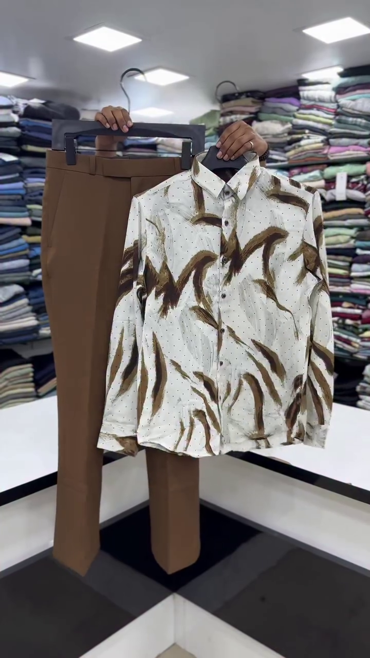 Contemporary Charm: Men’s Casual Shirt & Trouser Set with Abstract Printed Shirt