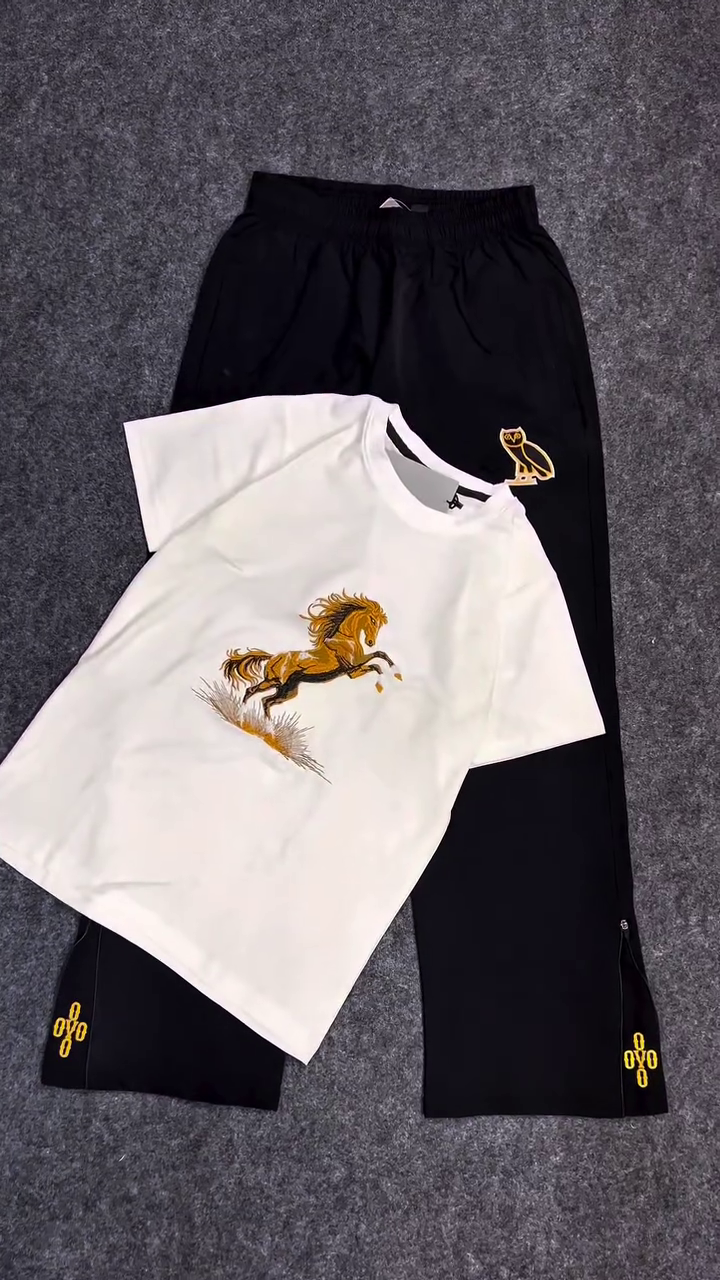Playful & Stylish: Men’s White T-Shirt & Black Pants Combo with Embroidery