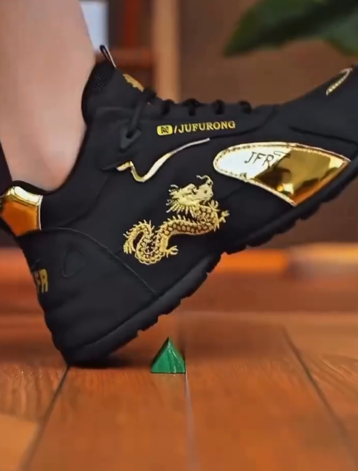 old & Luxe: Black Casual Sneakers with Gold Dragon Embroidery