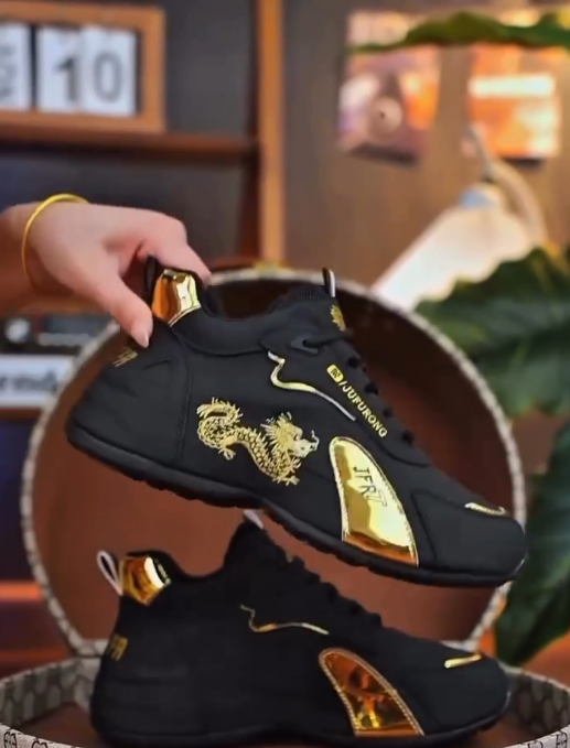 old & Luxe: Black Casual Sneakers with Gold Dragon Embroidery