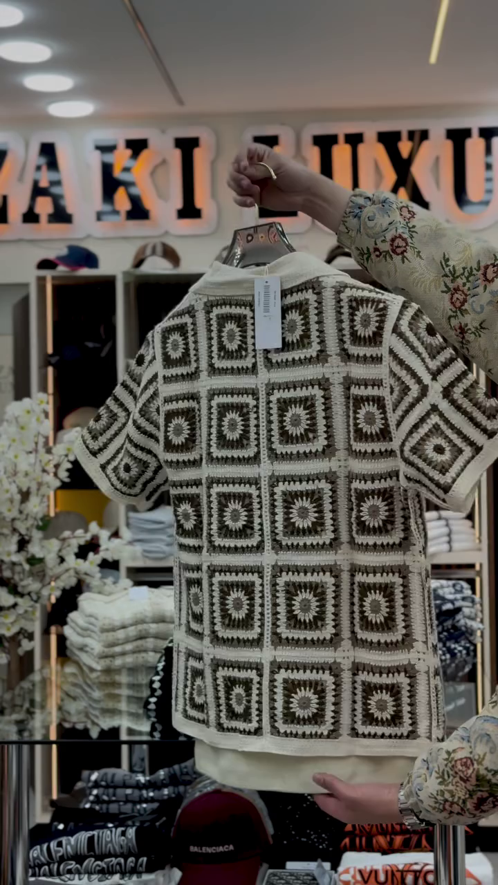 Chic & Breezy: Beige Crochet-Knit Oversized Shirt with Geometric Pattern