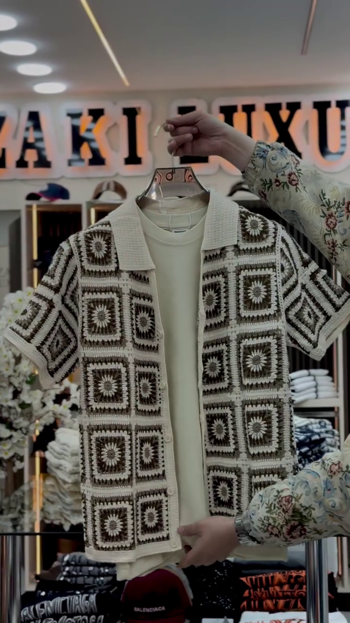 Chic & Breezy: Beige Crochet-Knit Oversized Shirt with Geometric Pattern