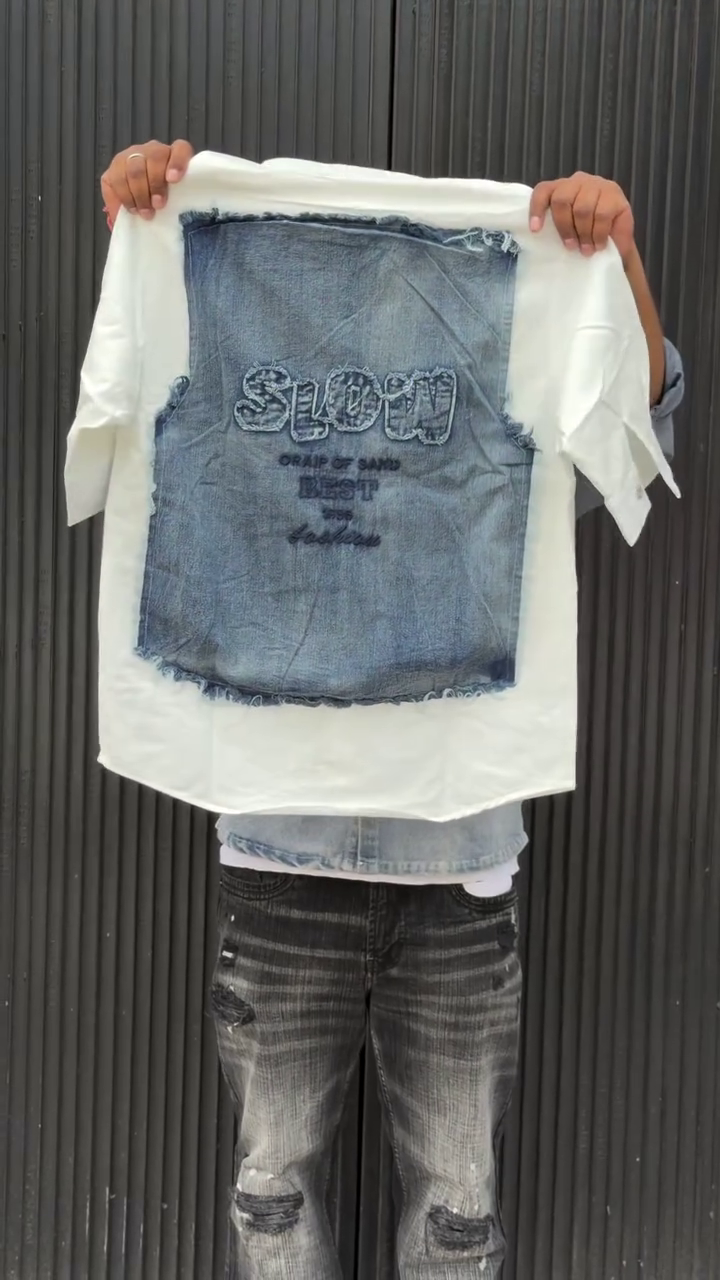 Edgy & Modern: White Denim Patchwork Short-Sleeve Shirt