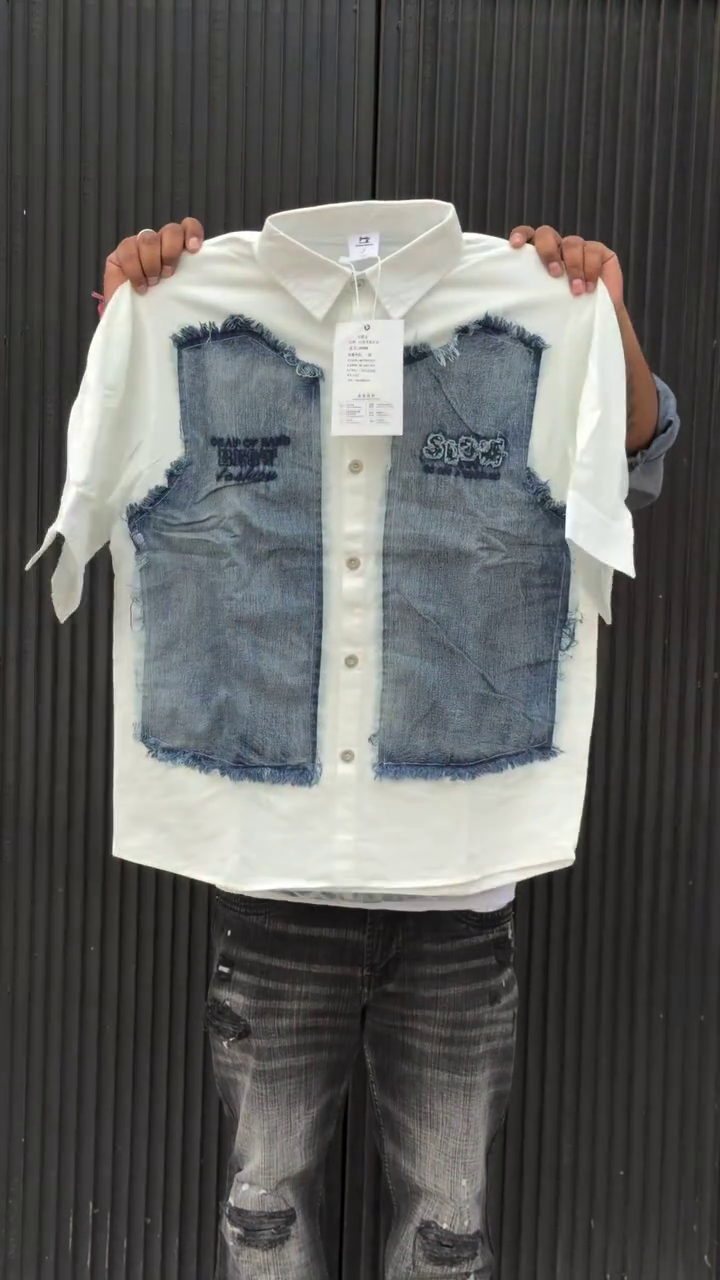 Edgy & Modern: White Denim Patchwork Short-Sleeve Shirt