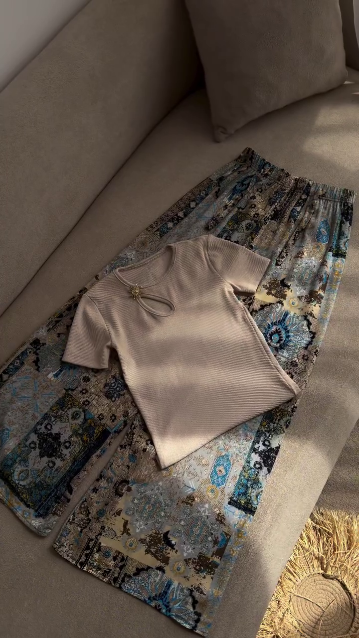 Effortless Elegance: Neutral Top with Patterned Palazzo Pants