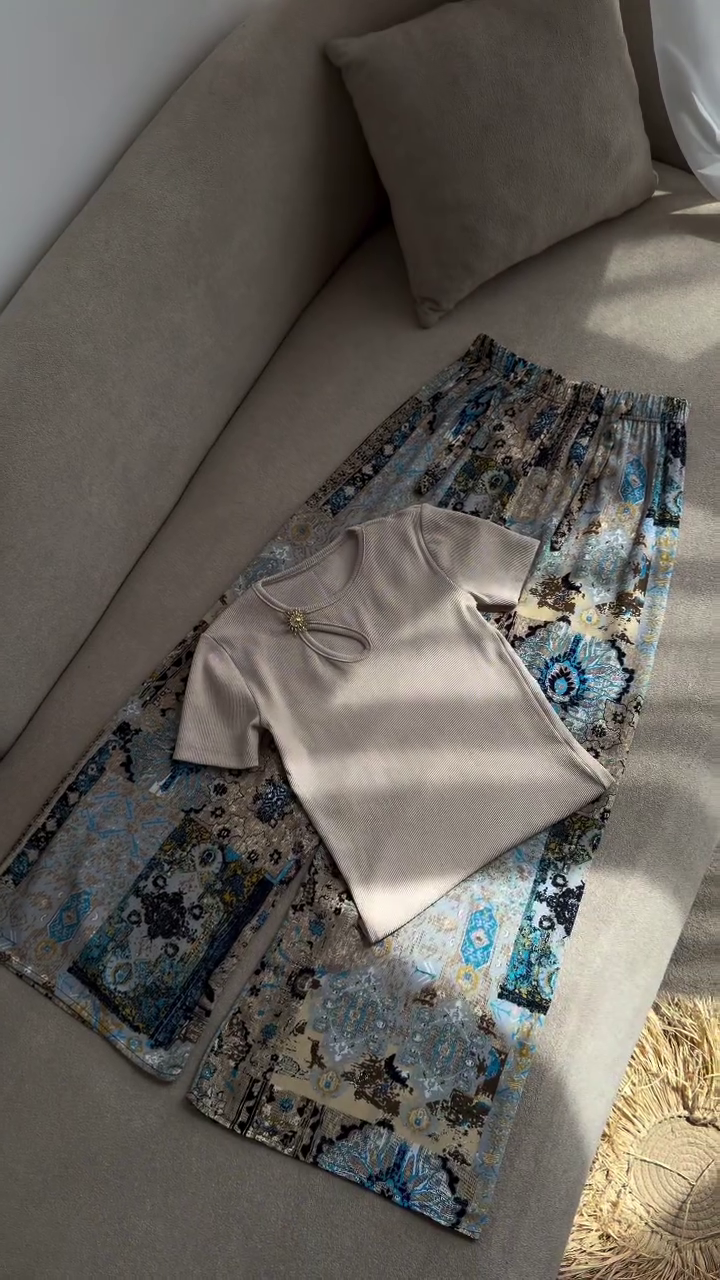 Effortless Elegance: Neutral Top with Patterned Palazzo Pants