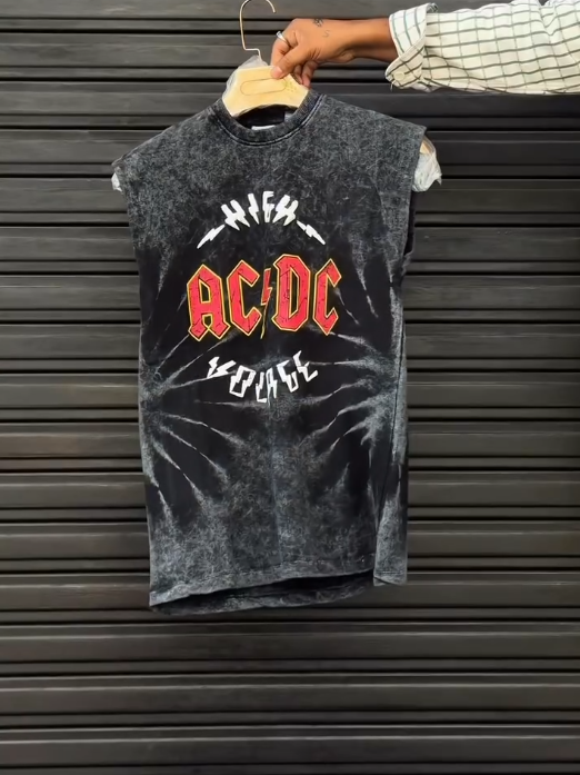 Edgy Streetwear: Black Sleeveless T-Shirt with Gothic Graphic Neckline