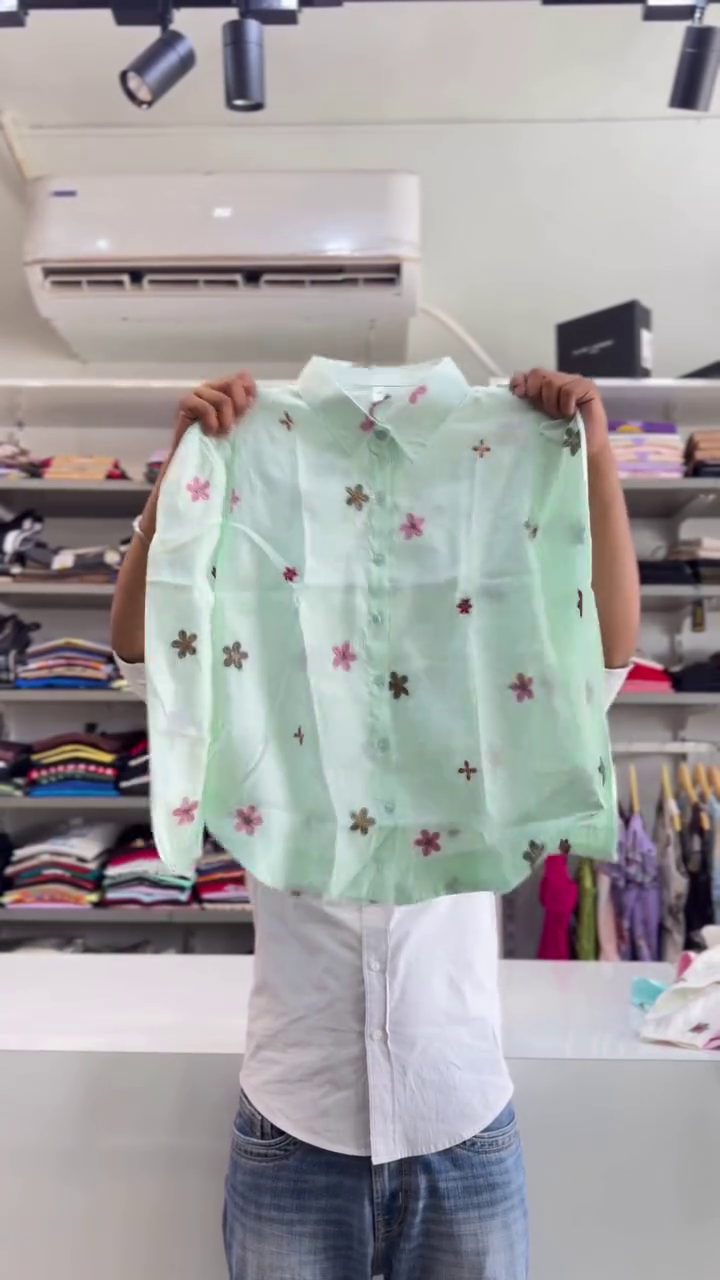 Vibrant Elegance: Cyan Green Floral Embroidered Shirt for a Stylish Statement