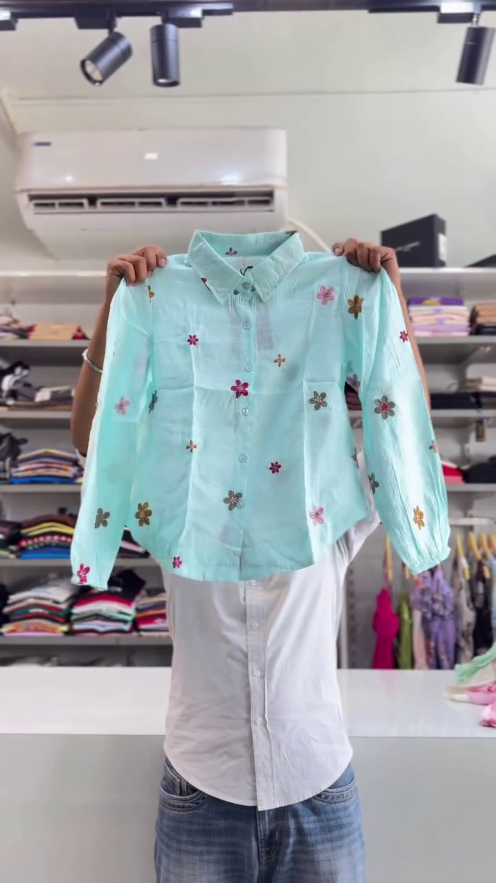 Vibrant Elegance: Cyan Green Floral Embroidered Shirt for a Stylish Statement