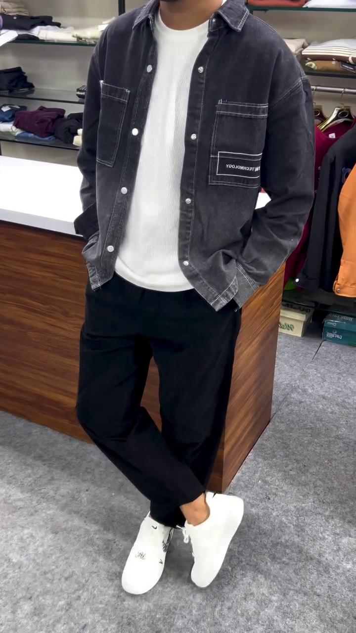 Urban Utility: Black Men’s Cotton Denim Overshirt with Flap Pockets