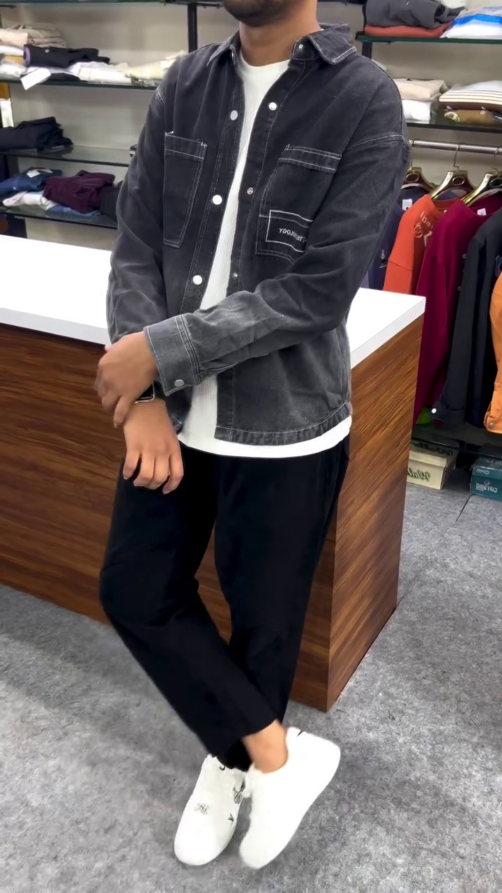 Urban Utility: Black Men’s Cotton Denim Overshirt with Flap Pockets