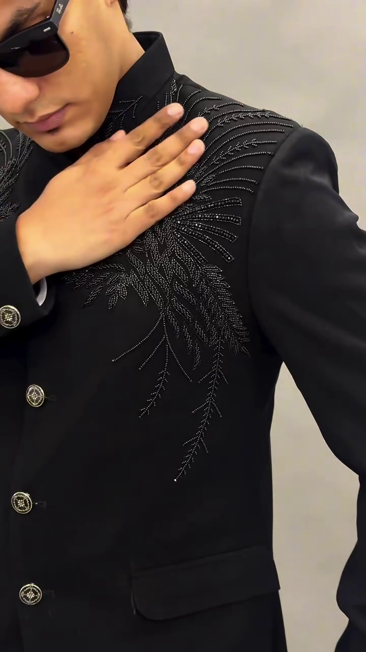 Regal Elegance: Black Embroidered Jodhpuri Bandhgala Suit for Men