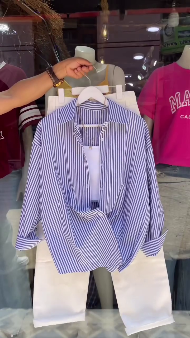 Effortless Chic: Women’s Striped Oversized Shirt with Matching Trousers