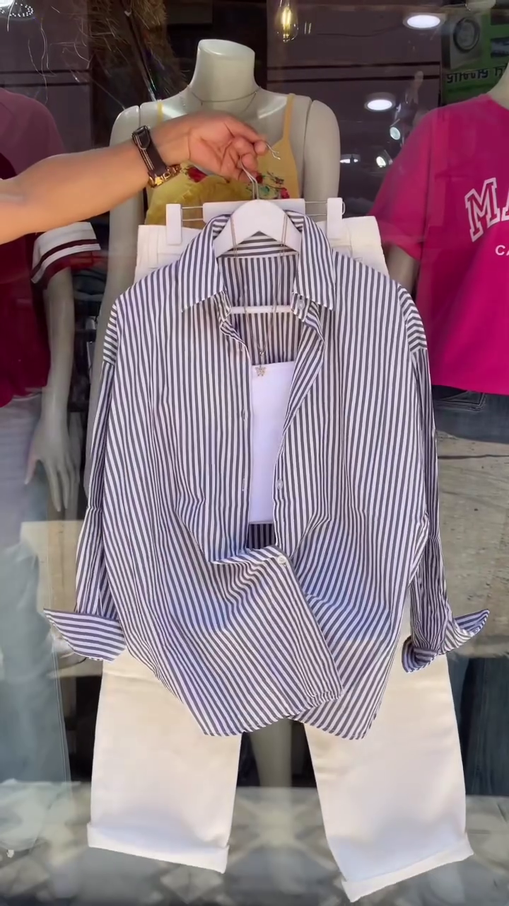 Effortless Chic: Women’s Striped Oversized Shirt with Matching Trousers