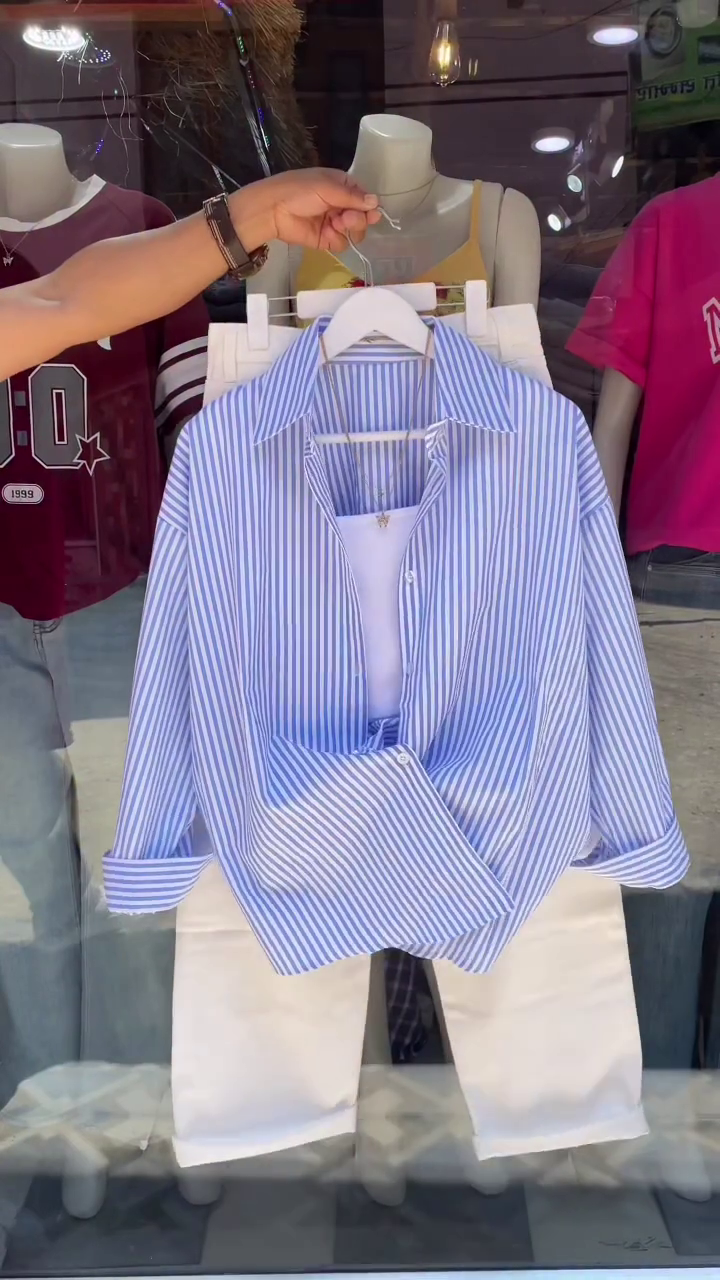 Effortless Chic: Women’s Striped Oversized Shirt with Matching Trousers