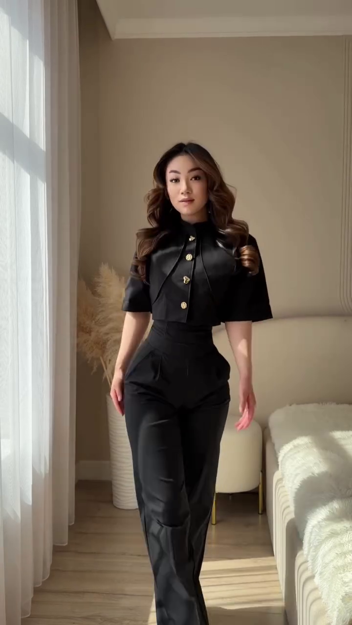Chic & Effortless: Black Short-Sleeve Jumpsuit with Decorative Buttons