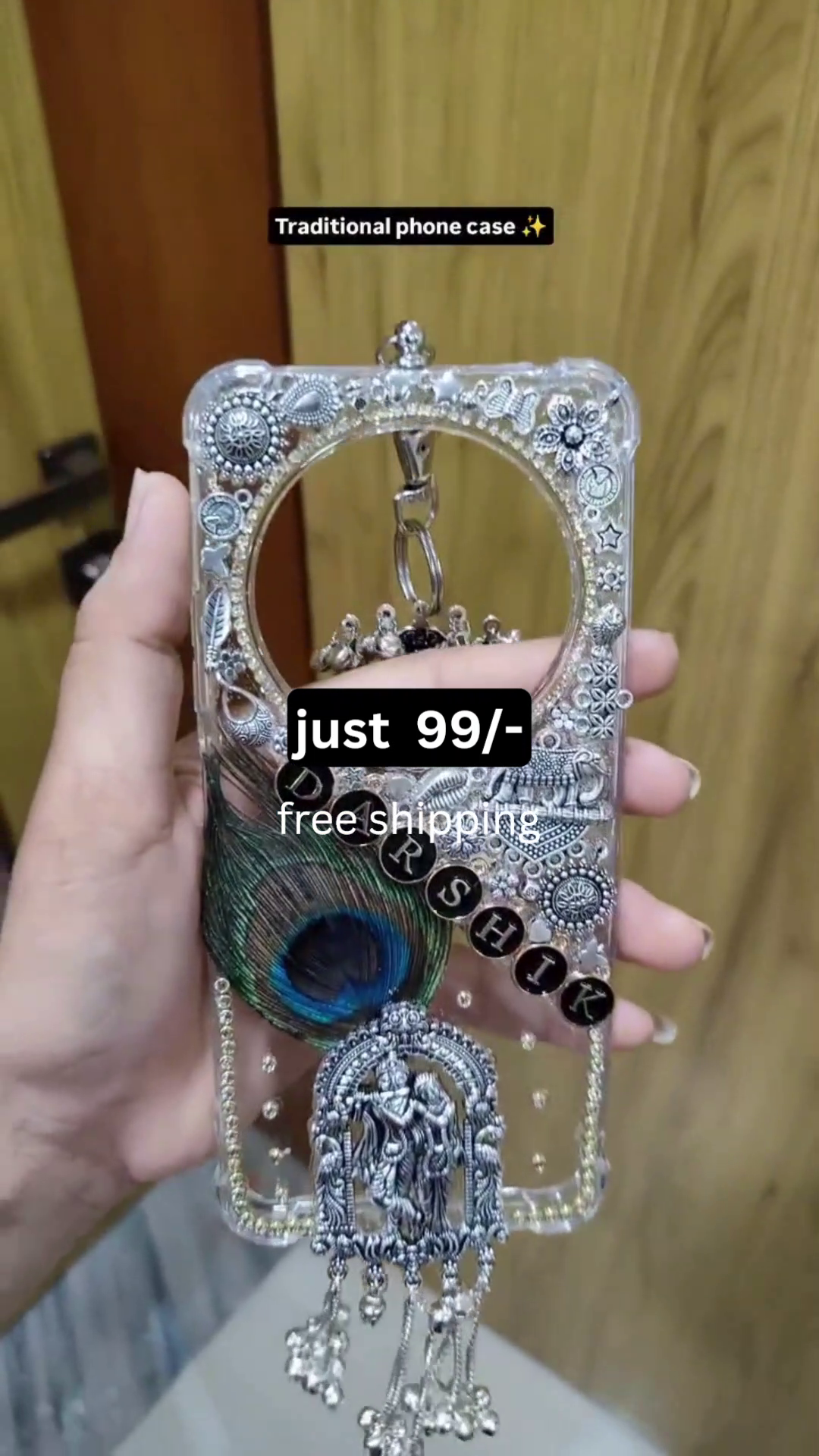 Divine Elegance in Your Hands: Traditional Radha Krishna Phone Case with Oxidized Silver Detailing