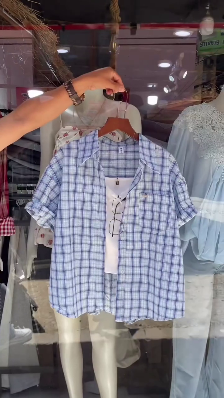 Fresh Summer Vibes: Pink & White Checkered Short-Sleeve Shirt