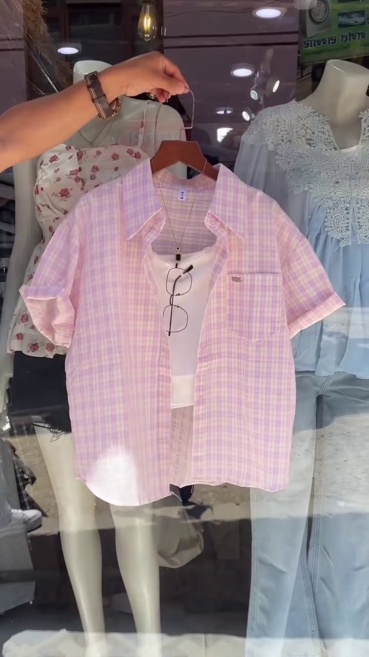 Fresh Summer Vibes: Pink & White Checkered Short-Sleeve Shirt