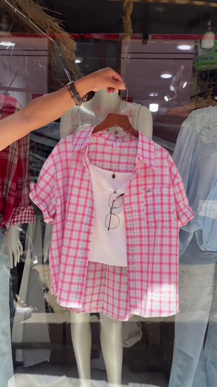 Fresh Summer Vibes: Pink & White Checkered Short-Sleeve Shirt