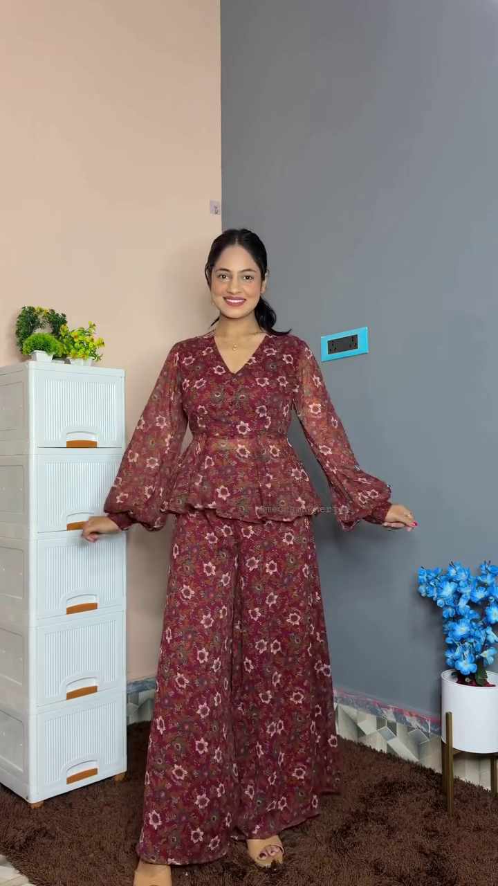 Effortless Coordinated Chic: Printed Peplum Top with Wide-Leg Palazzo Pants Set