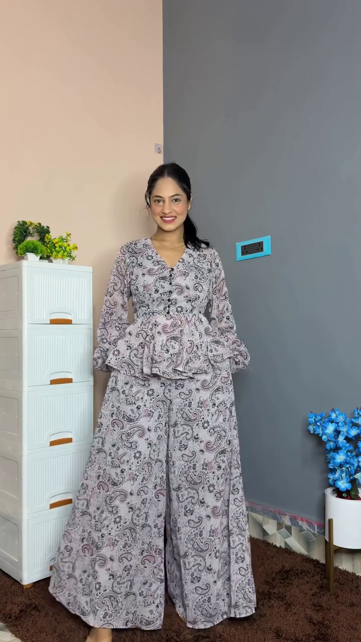 Effortless Coordinated Chic: Printed Peplum Top with Wide-Leg Palazzo Pants Set