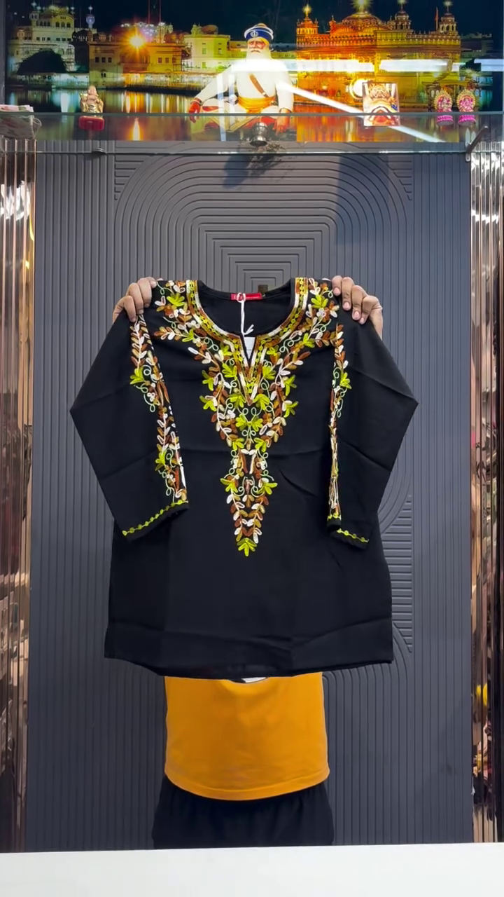 Elegant Ethnic Charm: Black Short Kurti with Intricate Floral Embroidery