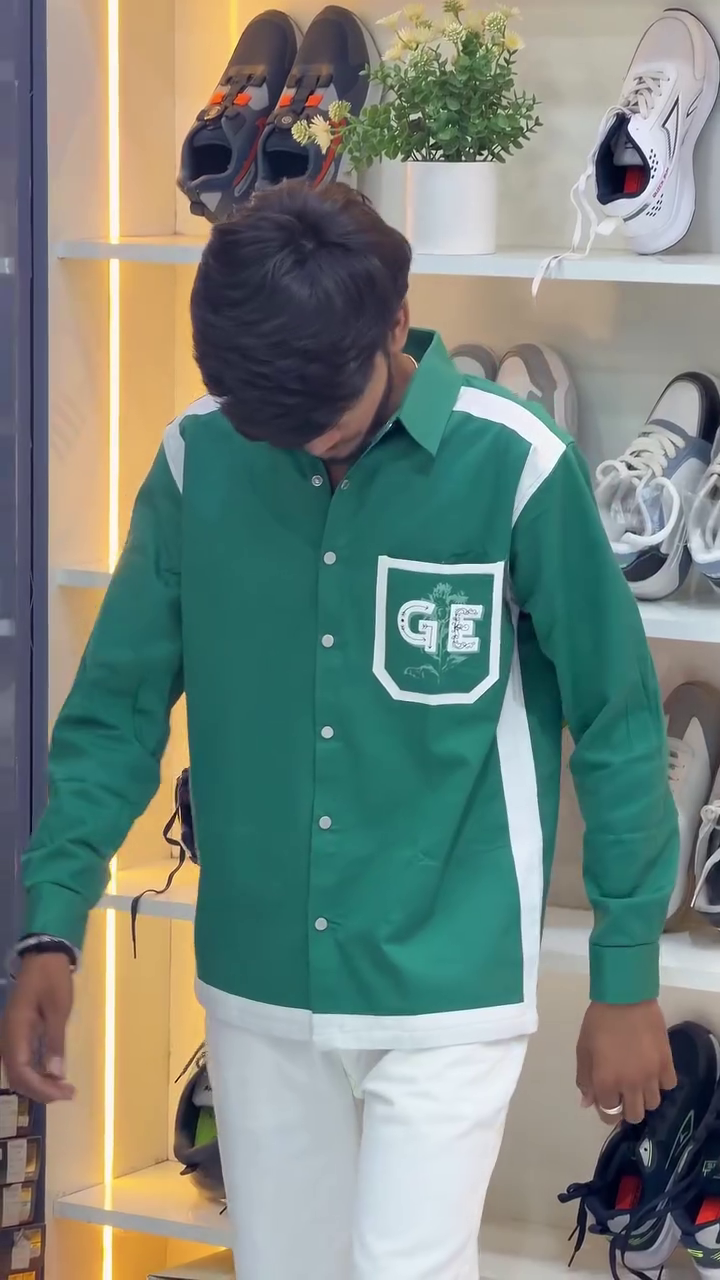 Smart Casual Essential: Green & White Branded Shirt with Front Pocket Detail