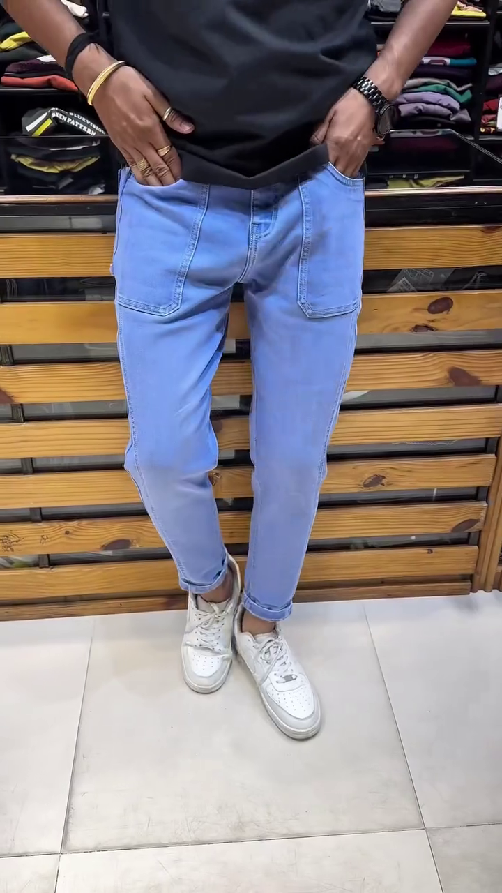 Urban Utility Style: Light Blue Denim Cargo Joggers for Men with Narrow Fit