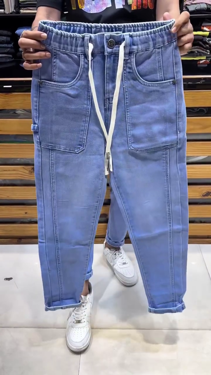 Urban Utility Style: Light Blue Denim Cargo Joggers for Men with Narrow Fit