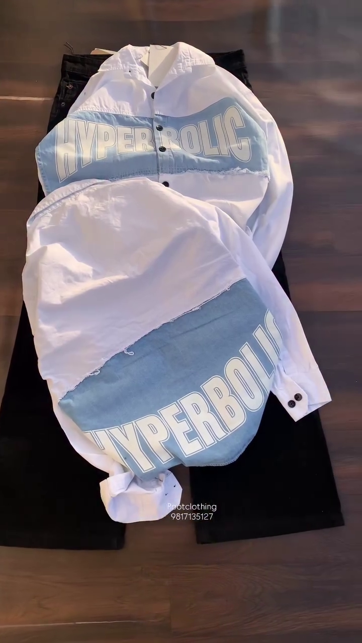 This shirt is a premium designer denim shirt from Root Clothing featuring a "Hyperbolic" graphic.