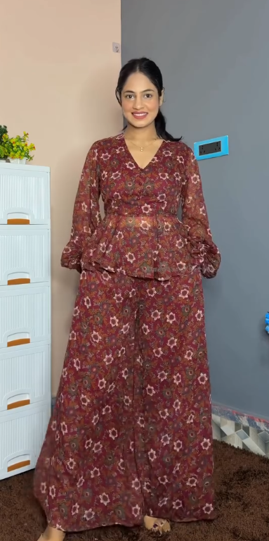 Patterned Long-Sleeve Top & Wide-Leg Trousers at Just ₹149