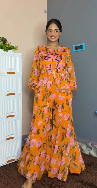 Patterned Long-Sleeve Top & Wide-Leg Trousers at Just ₹149