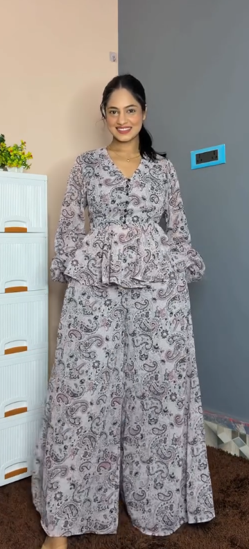 Patterned Long-Sleeve Top & Wide-Leg Trousers at Just ₹149