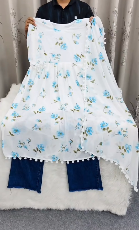 Sky Blue Floral Anarkali Kurta Set with Dupatta at Just ₹149