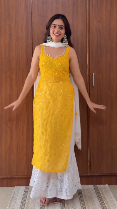 Summer Special Yellow Embroidered Kurti Set with White Sharara & Dupatta – Just ₹149/-