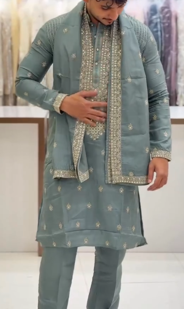 Designer Men’s Ethnic Kurta – Light Green Embroidered Festive Wear