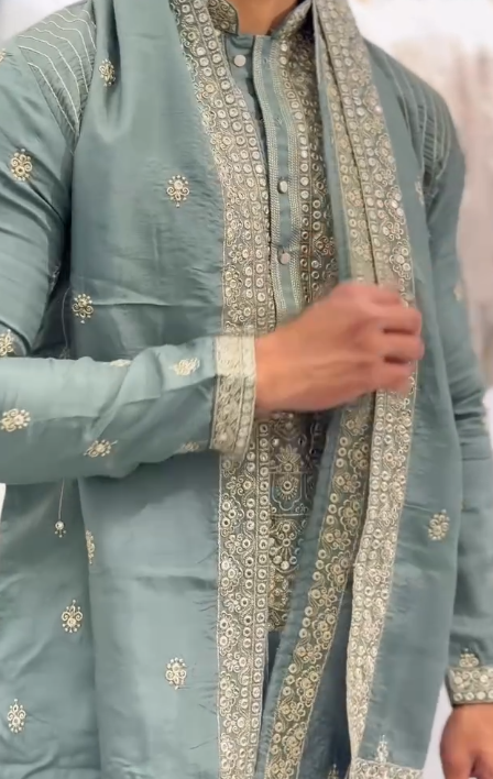 Designer Men’s Ethnic Kurta – Light Green Embroidered Festive Wear