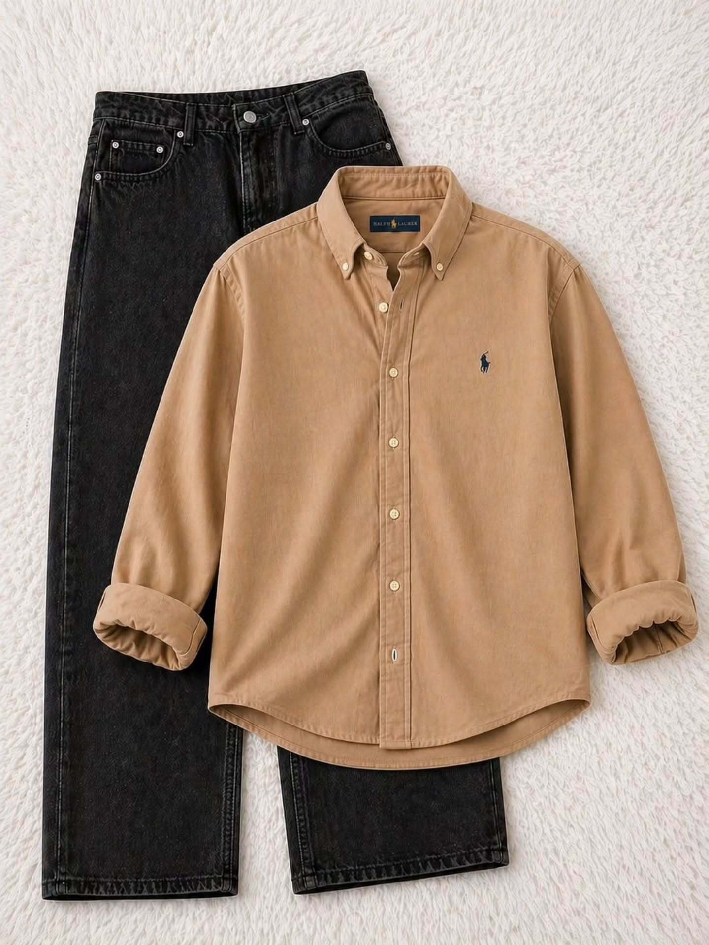 Light Blue Polo Ralph Lauren Solid Casual Shirt with Black Jeans Combo – Premium Street Style